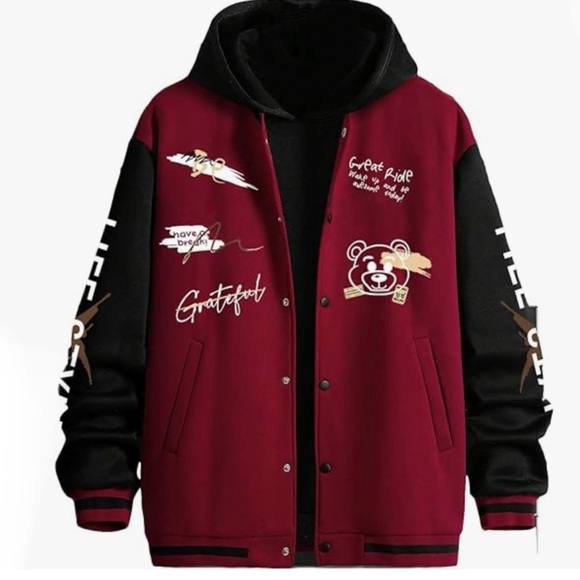 Black Maroon Burgundy Mens Button Up Bomber Jacket